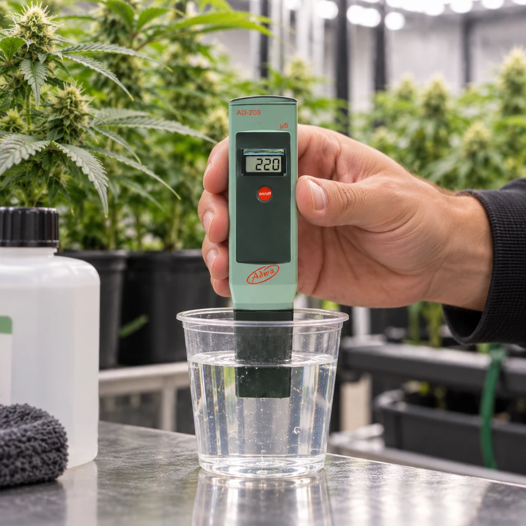 Una mano sostiene el medidor Adwa AD203 con la sonda sumergida en un vaso de agua y la pantalla en 220, ante plantas de cannabis. Una mano sostiene el medidor Adwa AD203 con la sonda sumergida en un vaso de agua y la pantalla en 220, ante plantas de cannabis.