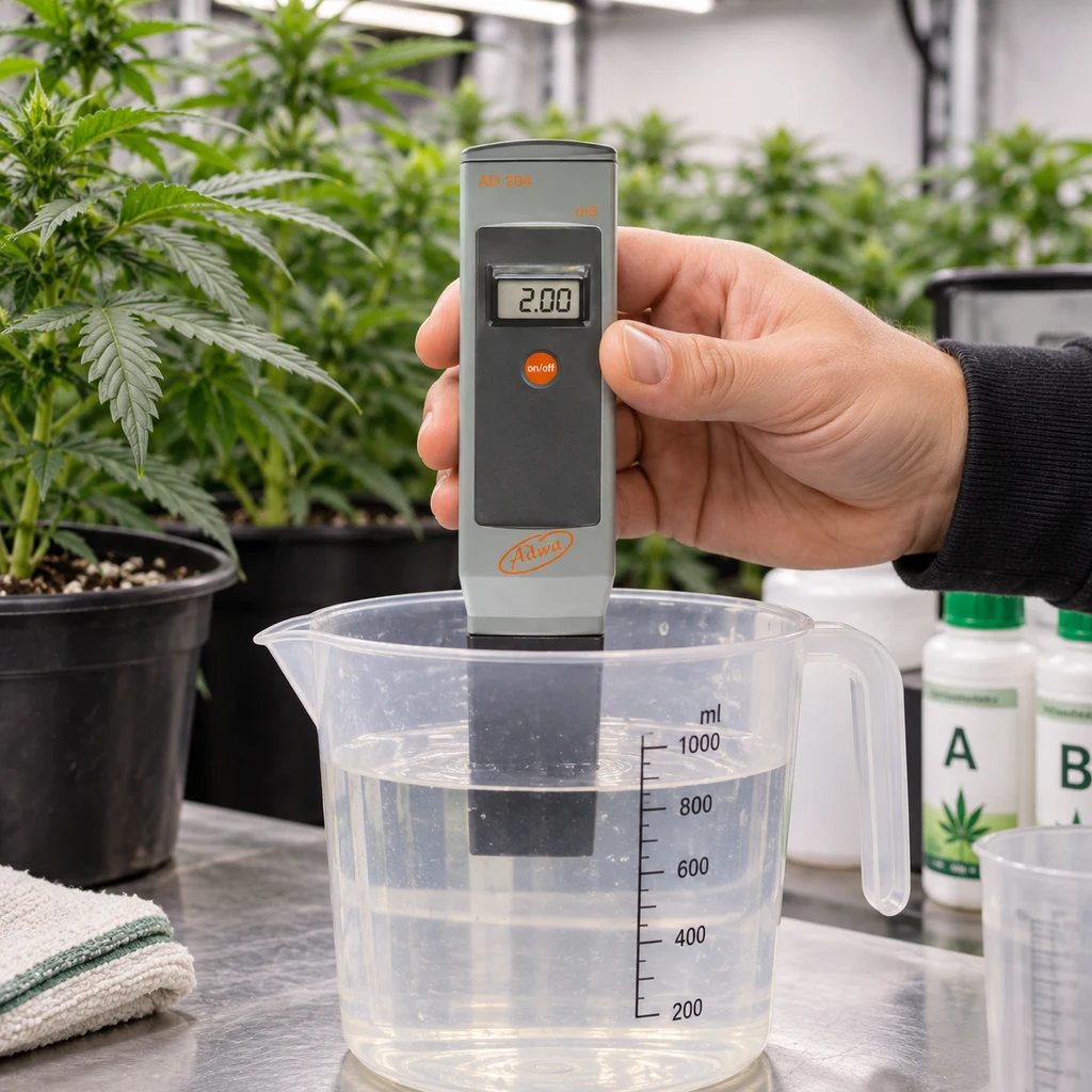 Una mano sostiene un medidor EC Adwa con lectura 2.00 y la sonda sumergida en una jarra graduada junto a plantas de cannabis. Una mano sostiene un medidor EC Adwa con lectura 2.00 y la sonda sumergida en una jarra graduada junto a plantas de cannabis.