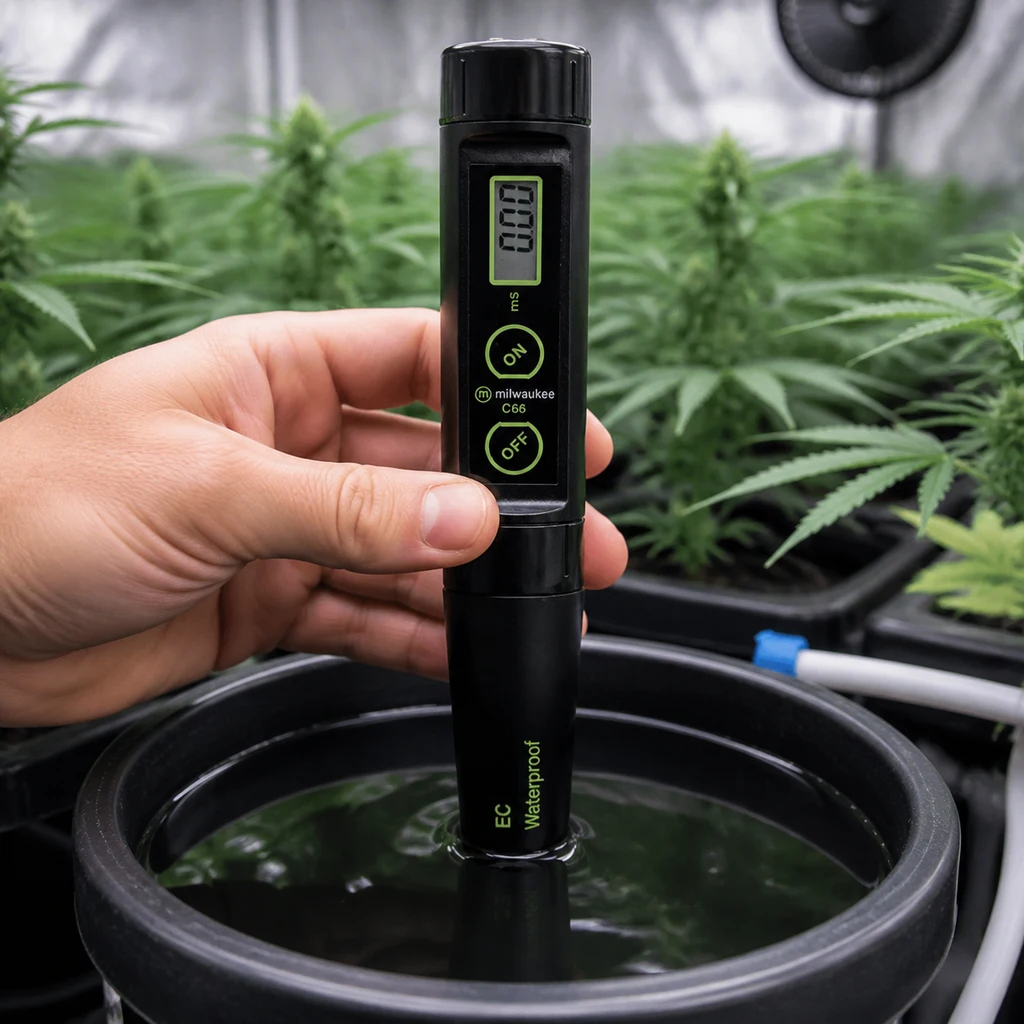 Una mano sostiene el medidor Milwaukee EC C66 con el extremo sumergido en un cubo de agua, entre plantas de un cultivo interior. Una mano sostiene el medidor Milwaukee EC C66 con el extremo sumergido en un cubo de agua, entre plantas de un cultivo interior.