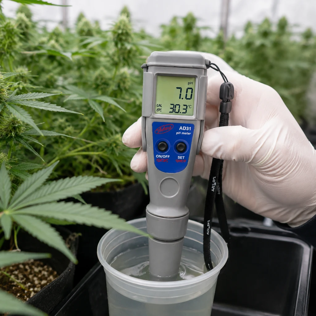 Una mano con guante sostiene un medidor rotulado AD31 con la sonda sumergida en un vaso; la pantalla indica pH 7.0 y 30.3 °C. Una mano con guante sostiene un medidor rotulado AD31 con la sonda sumergida en un vaso; la pantalla indica pH 7.0 y 30.3 °C.