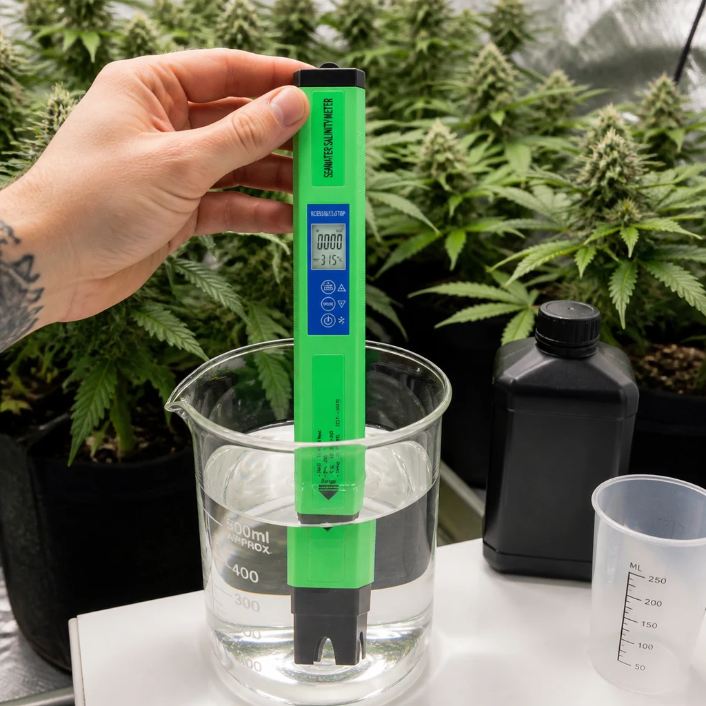 Una mano sostiene el medidor EC Easy Garden BT600 XXL verde con la sonda sumergida en un vaso con líquido y plantas al fondo. Una mano sostiene el medidor EC Easy Garden BT600 XXL verde con la sonda sumergida en un vaso con líquido y plantas al fondo.