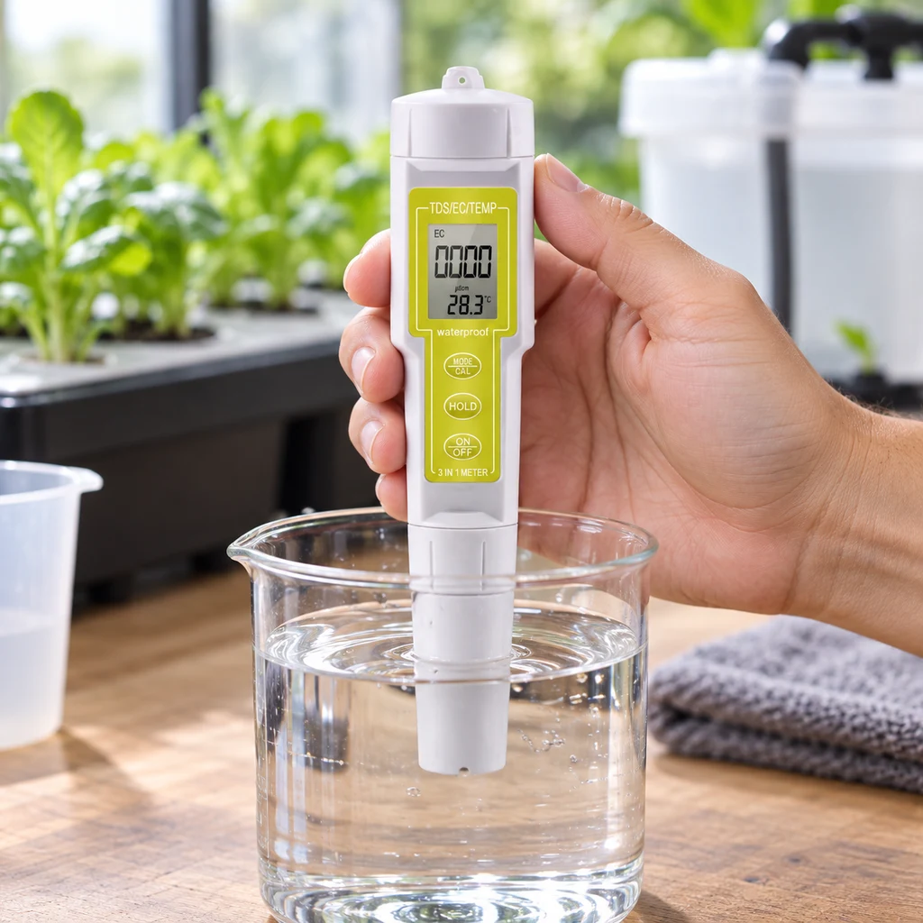 Una mano sostiene el medidor EC/TDS Easy Garden Eko K-13-EC con la sonda sumergida en un vaso de agua y la pantalla encendida.