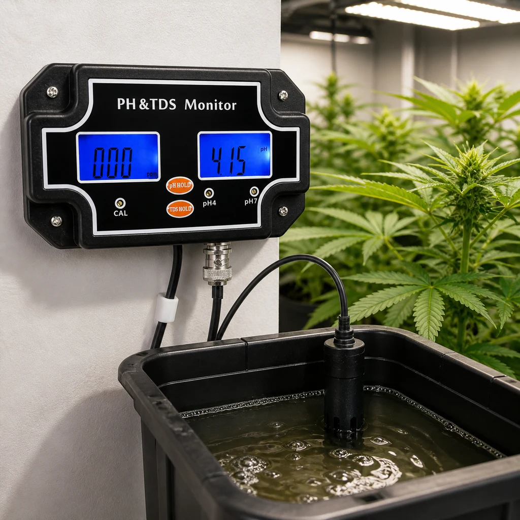 Escena generada de un monitor de pH y TDS con pantallas azules y una sonda en un depósito de agua, junto a plantas de cannabis.