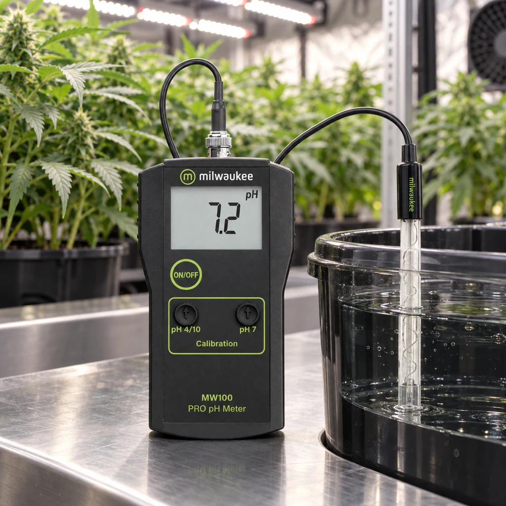 Medidor de pH Milwaukee MW100 con lectura de 7,2 y sonda sumergida en un recipiente con líquido, junto a plantas de cultivo interior.