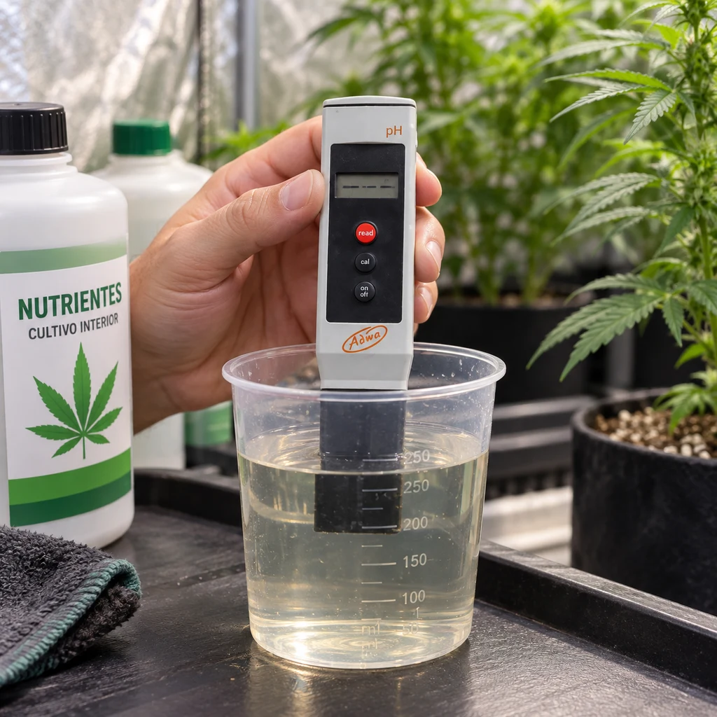 Escena generada de una mano sujetando un medidor de pH Adwa en un vaso con líquido, junto a nutrientes y plantas de cannabis. Escena generada de una mano sujetando un medidor de pH Adwa en un vaso con líquido, junto a nutrientes y plantas de cannabis.