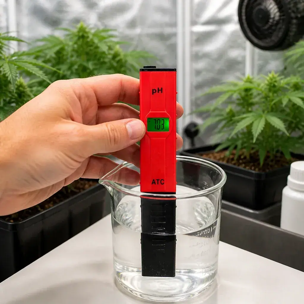 Una mano sostiene un medidor de pH rojo Eko Easy Garden dentro de un vaso con agua, con plantas de cultivo al fondo.