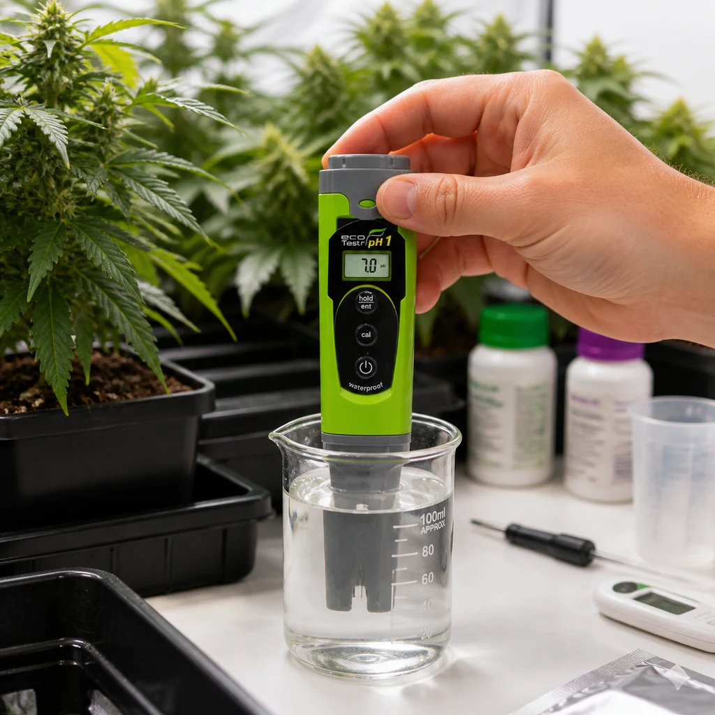 Una mano sostiene un medidor de pH verde con la sonda sumergida en un vaso y lectura de 7.0, junto a plantas y frascos.