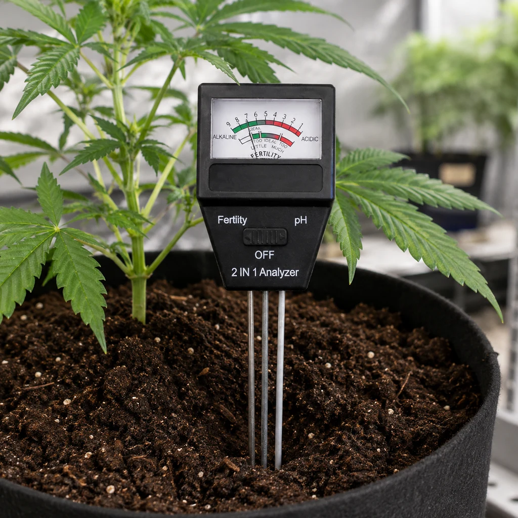 Medidor analógico de pH y fertilidad con tres sondas introducidas en la tierra de una maceta, junto a una planta de cannabis.