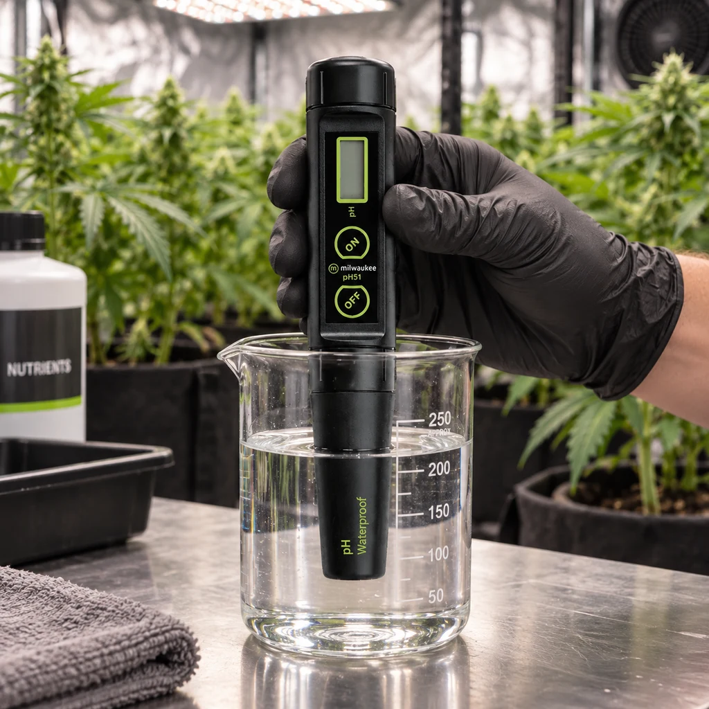 Una mano con guante negro sostiene un medidor de pH Milwaukee PH51 sumergido en un vaso con líquido, ante plantas de cannabis.