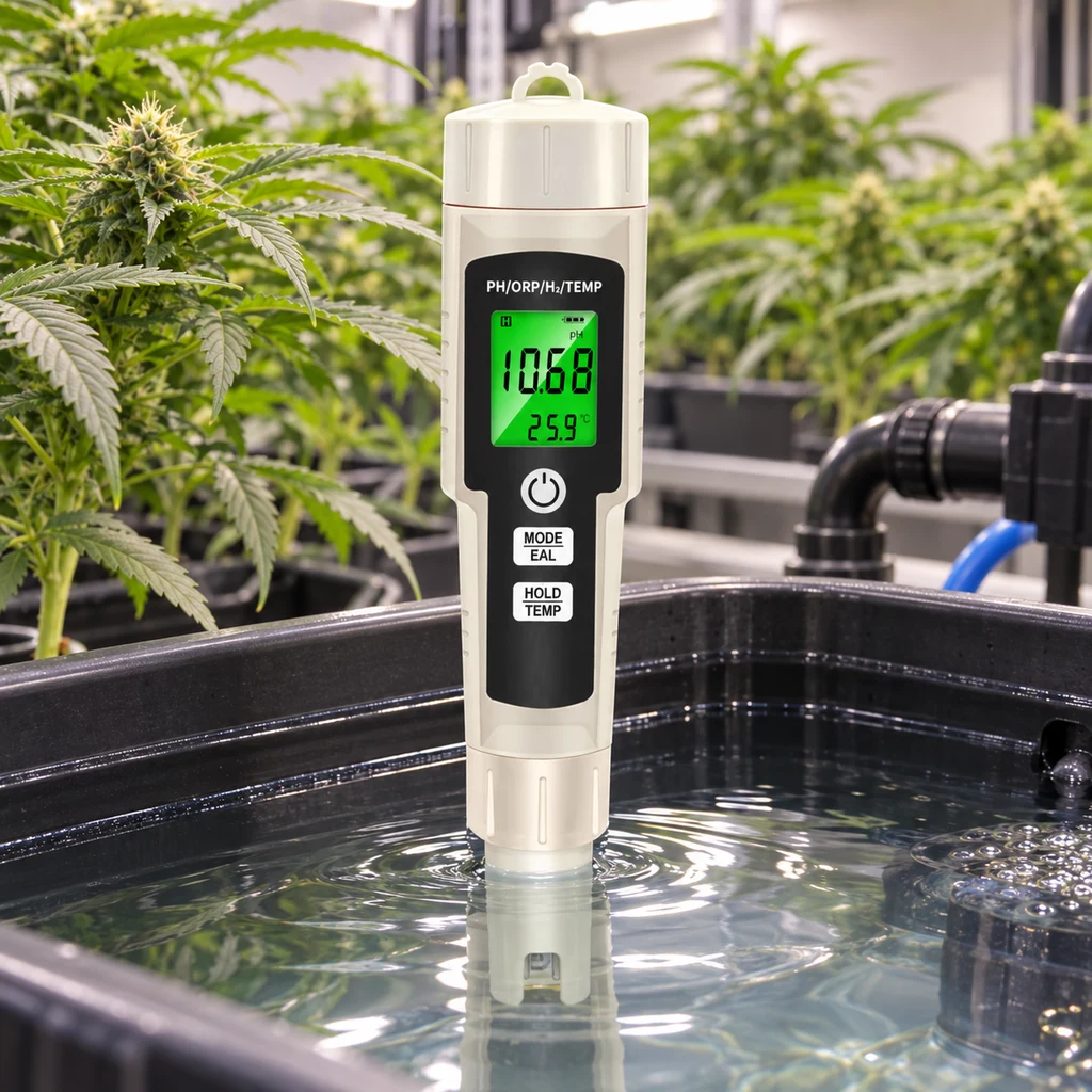 Medidor blanco 4 en 1 sumergido en un depósito, con pantalla verde que muestra pH 10.68 y 25.9 °C, entre plantas.