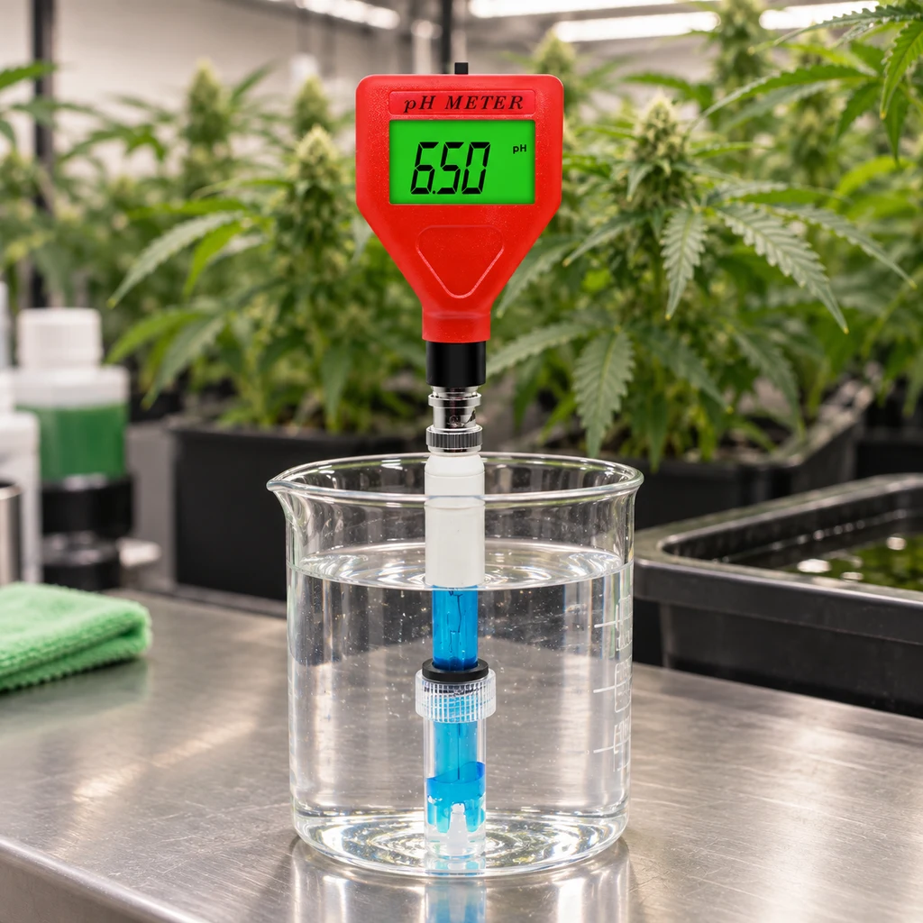 Medidor de pH rojo con lectura de 6,50 y sonda sumergida en un vaso transparente con líquido, ante plantas de un cultivo interior.