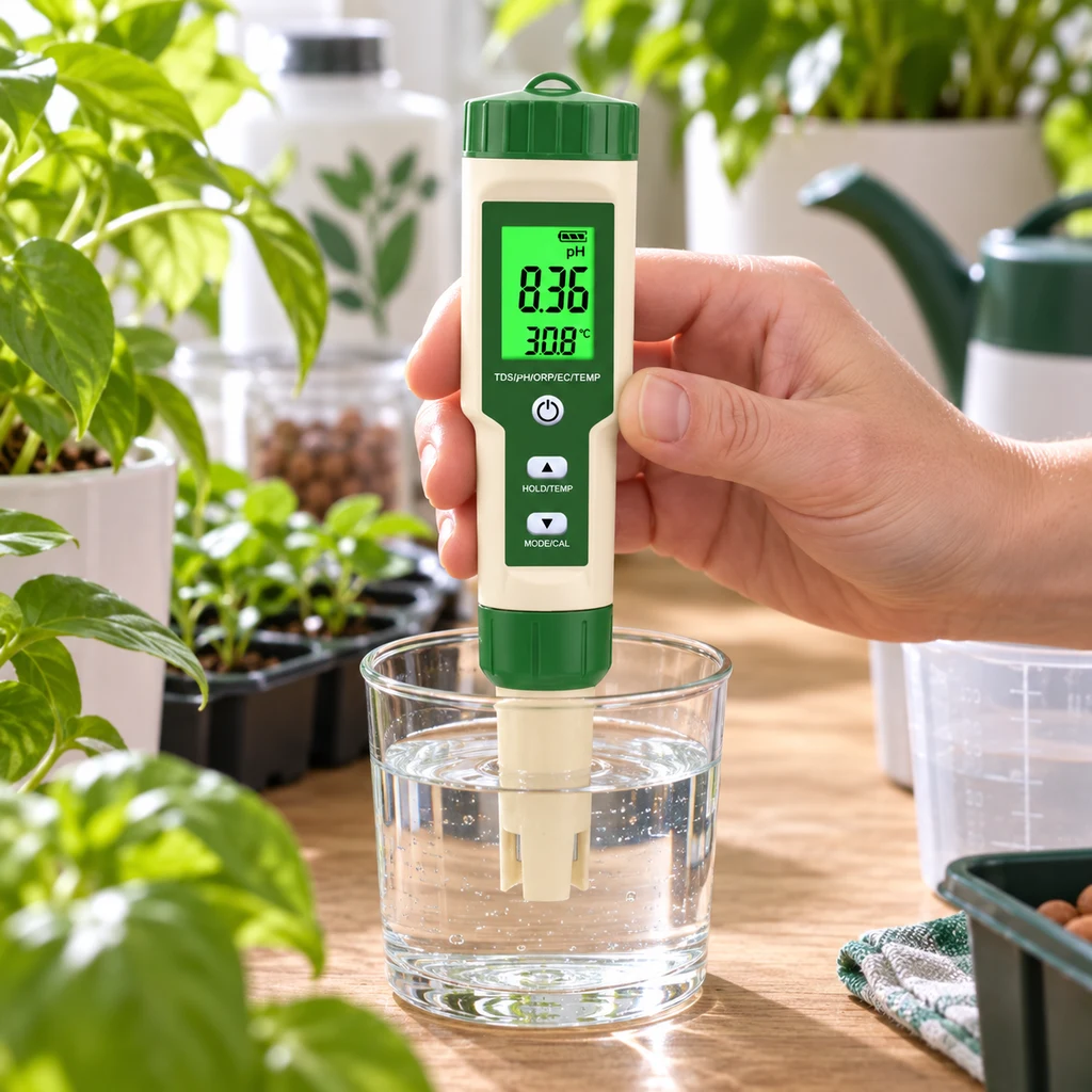 Escena generada de una mano sosteniendo un medidor verde y blanco con la sonda en un vaso de agua y plantas alrededor.