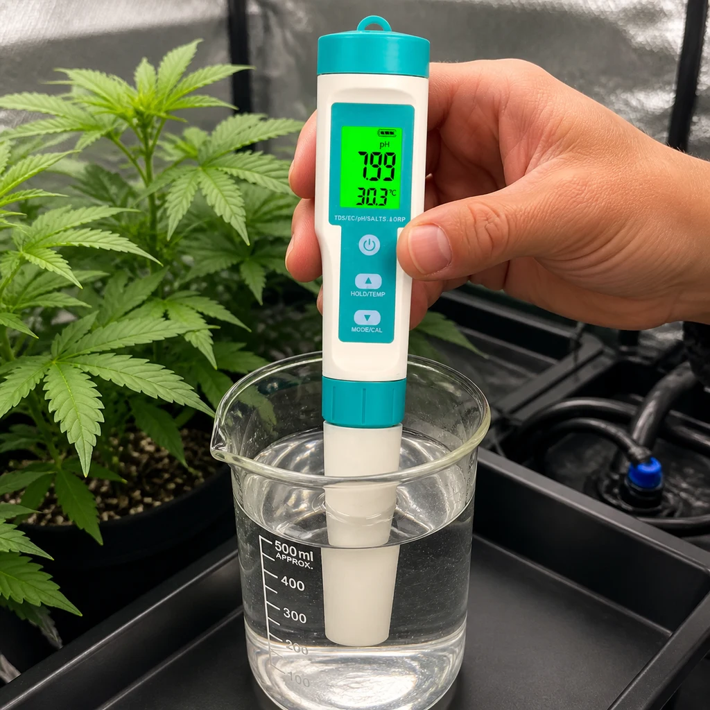 Una mano sostiene el medidor Easy Garden 7 en 1 con la sonda sumergida en un vaso de agua y plantas al fondo; pantalla con pH 7,99.