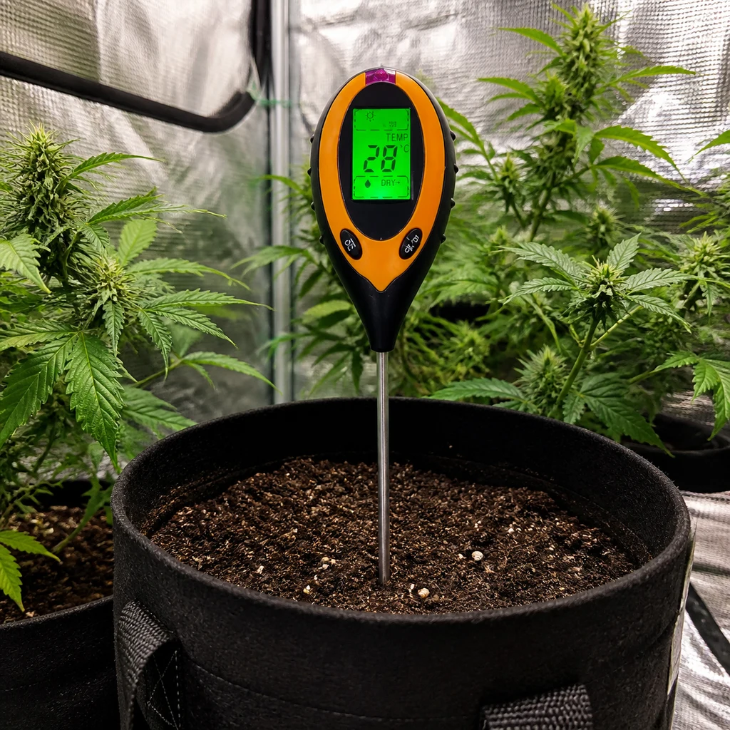 Escena generada de un medidor de suelo naranja y negro, con pantalla verde y sonda insertada en una maceta, entre plantas de cannabis. Escena generada de un medidor de suelo naranja y negro, con pantalla verde y sonda insertada en una maceta, entre plantas de cannabis.
