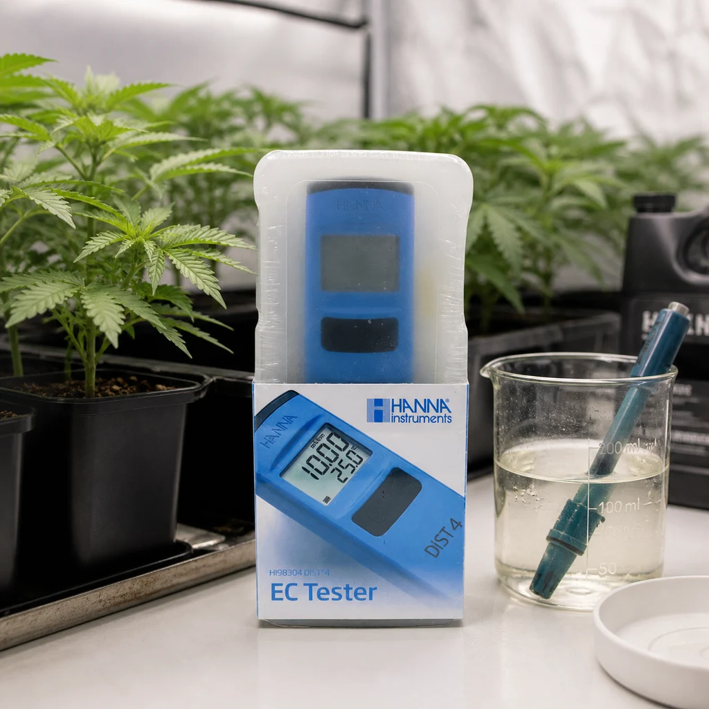 Escena generada del medidor EC Hanna HI 98304 en su envase junto a un vaso con líquido y una sonda, con plantas en macetas al fondo.