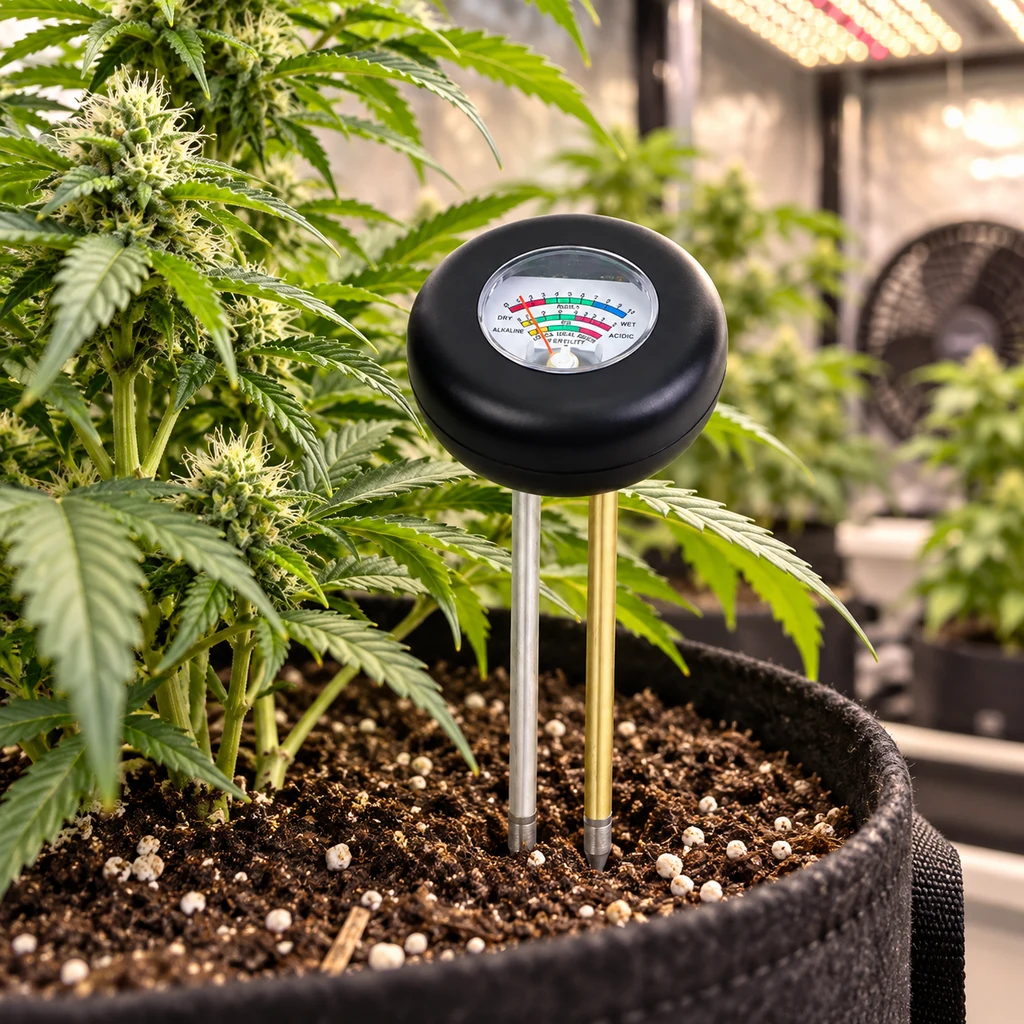 Medidor Easy Garden con esfera analógica negra y dos sondas insertadas en una maceta, junto a una planta en un cultivo interior.