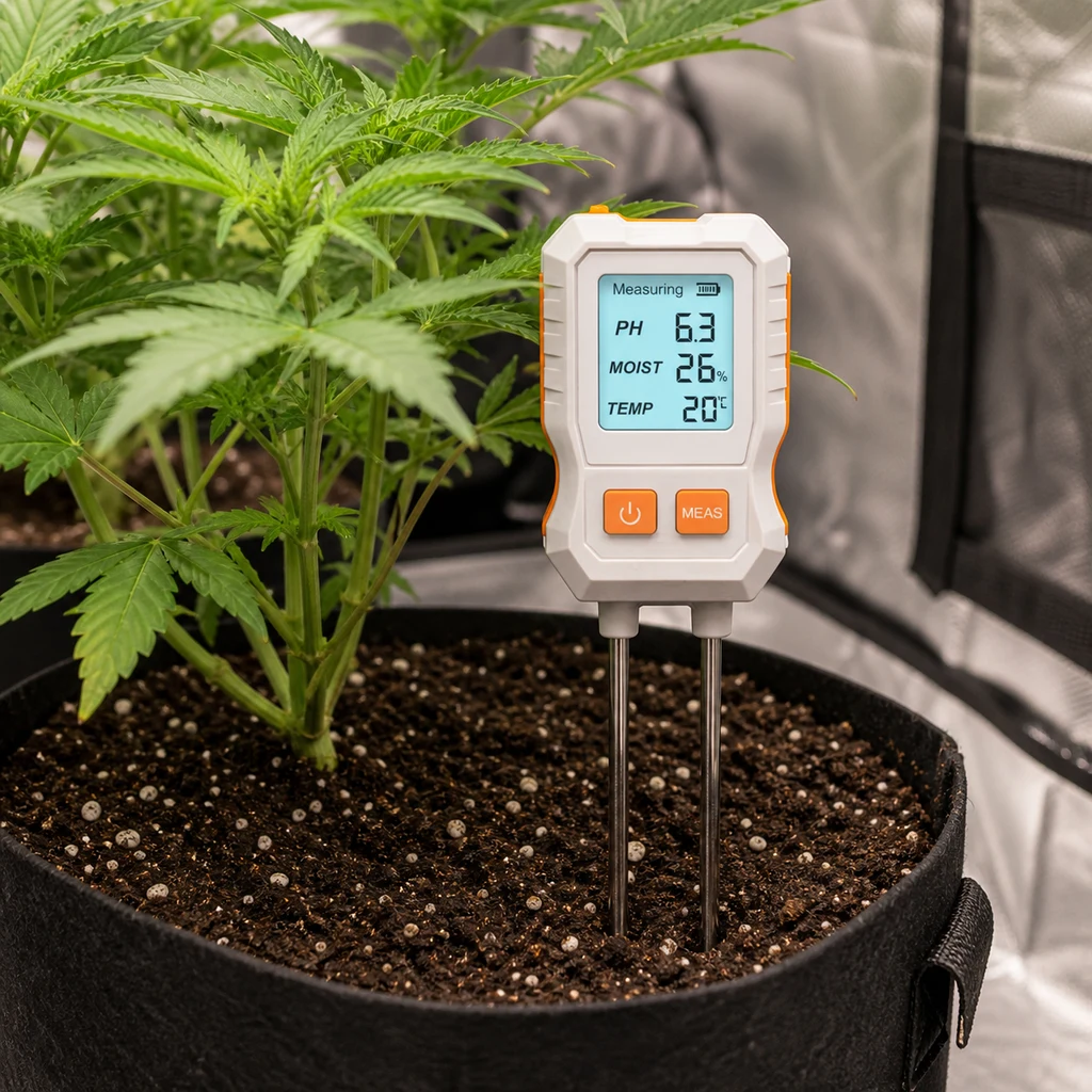 Medidor Easy Garden con sondas insertadas en una maceta; la pantalla muestra pH 6,3, humedad del 26 % y temperatura de 20 °C.