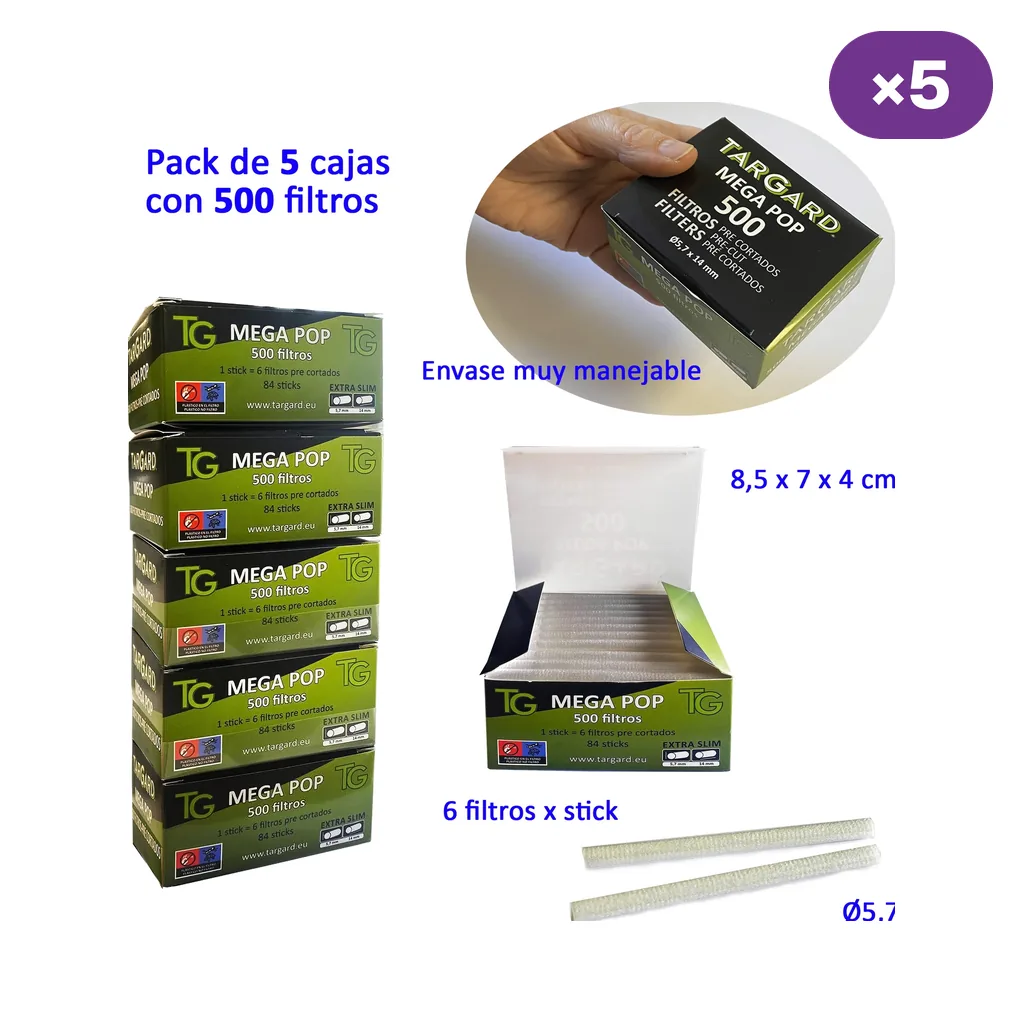 Cinco estuches Tar Gard Mega Pop apilados, con vistas de una caja en la mano, otra abierta y dos tiras de filtros precortados.