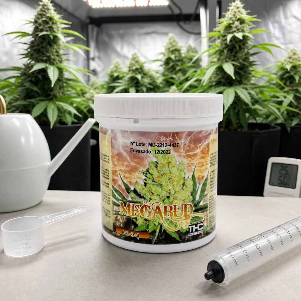 Bote de MegaBud THC sobre una mesa con dosificador y jeringa, con una regadera y plantas de cannabis al fondo.