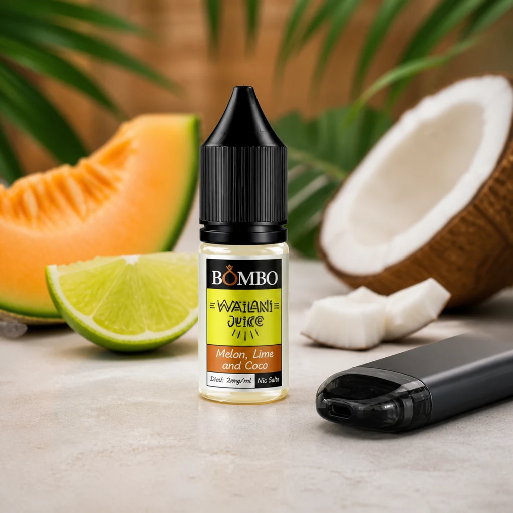 Frasco de Wailani Juice Melon, Lime and Coco con tapón negro, rodeado de melón, lima y coco, junto a un vapeador.