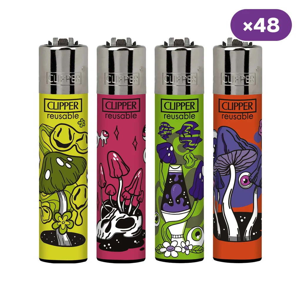 Encendedores Clipper Melting Psycho alineados, con diseños de setas y ojos sobre fondos amarillo, rosa, verde y naranja; distintivo «×48».