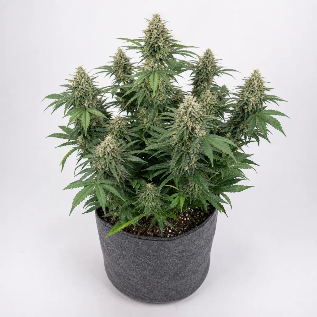 Planta de Mendocino Purple Kush Feminizada de Medical Seeds en maceta textil gris, con varias ramas floridas y hojas verdes.
