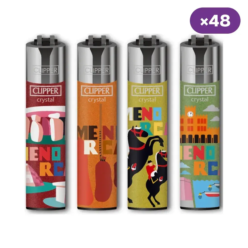 Selección de encendedores Clipper Menorca con distintos diseños de colores, caballos y edificios; distintivo de caja de 48 unidades.