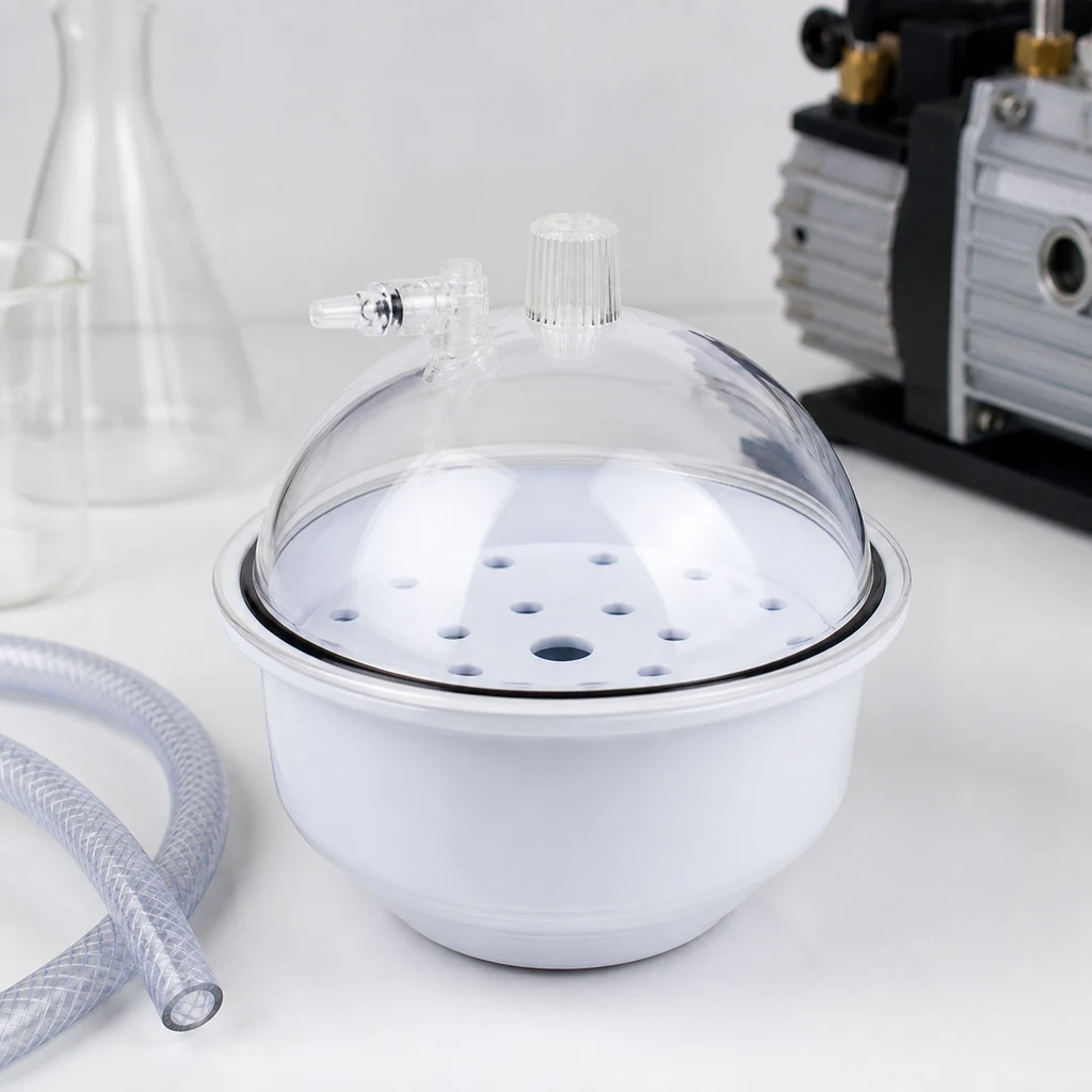 Desecador de vacío con base blanca, cúpula transparente y placa perforada, junto a una manguera y una bomba al fondo.