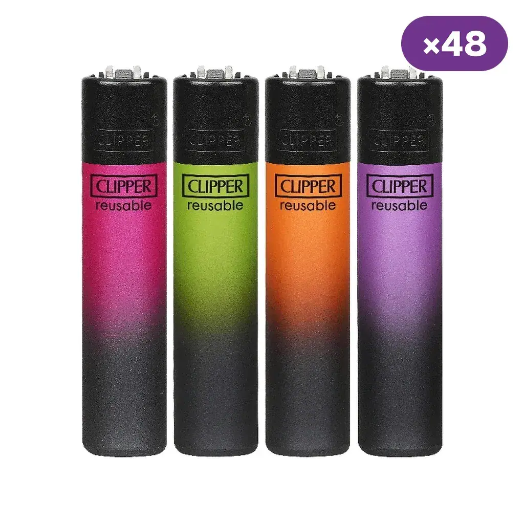 Encendedores Clipper con degradados rosa, verde, naranja y morado hacia negro, alineados sobre fondo blanco y con distintivo de 48 unidades.