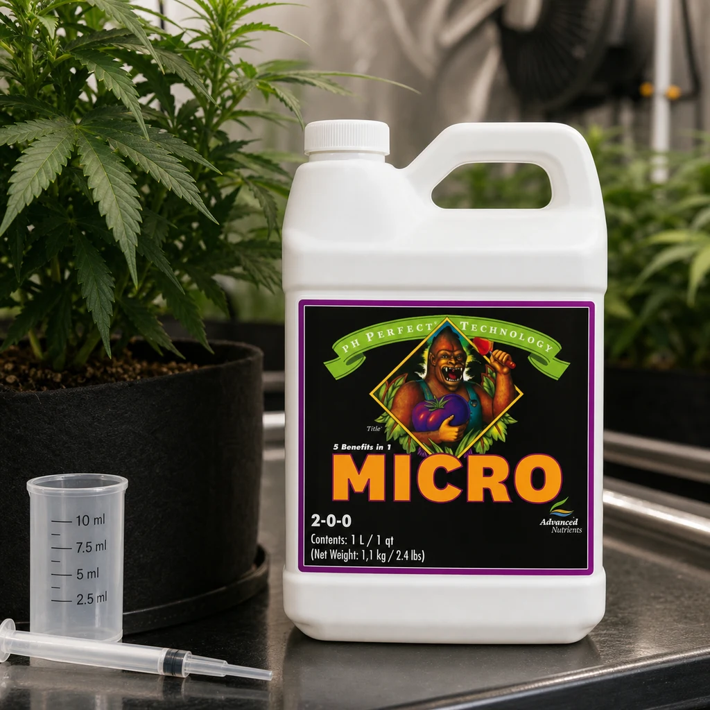 Garrafa de Advanced Nutrients pH Perfect Micro junto a un vaso graduado y una jeringa, con plantas al fondo en una escena generada.
