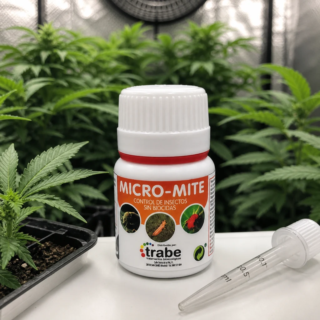 Bote blanco de Micro-Mite Trabe con etiqueta roja junto a una pipeta graduada, con plantas de cannabis al fondo.