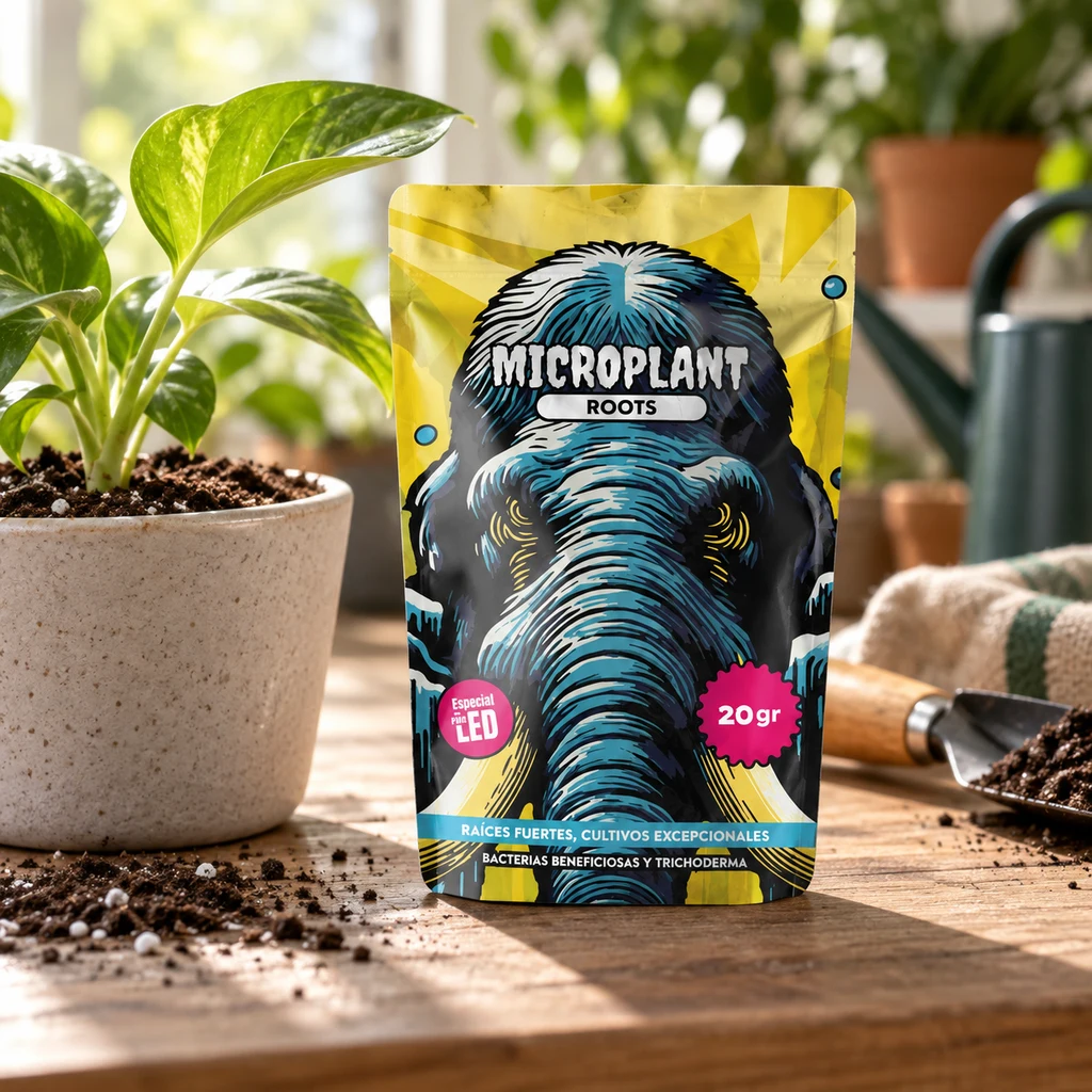 Bolsa de Micro Plant Roots de Trabe de 20 g con un elefante ilustrado, sobre una mesa con tierra, junto a una maceta y una pala.