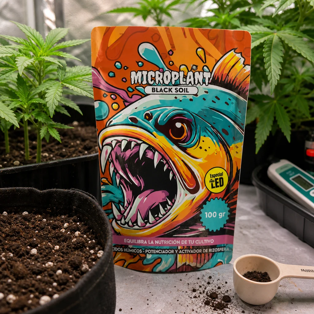 Escena generada de una bolsa Microplant Black Soil de 100 gr con un pez ilustrado, entre macetas y junto a una cuchara con polvo oscuro.
