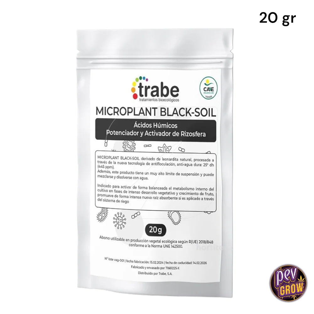 Bolsa blanca de Microplant Black-Soil de Trabe, con etiqueta de ácidos húmicos y contenido indicado de 20 g.