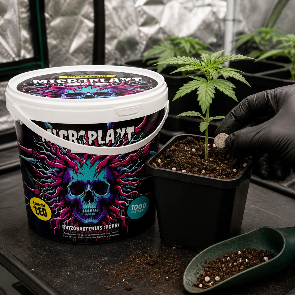 Escena ilustrada de Microplant Tabs con un cubo junto a una planta en maceta y una mano enguantada que sostiene una pastilla sobre la tierra.