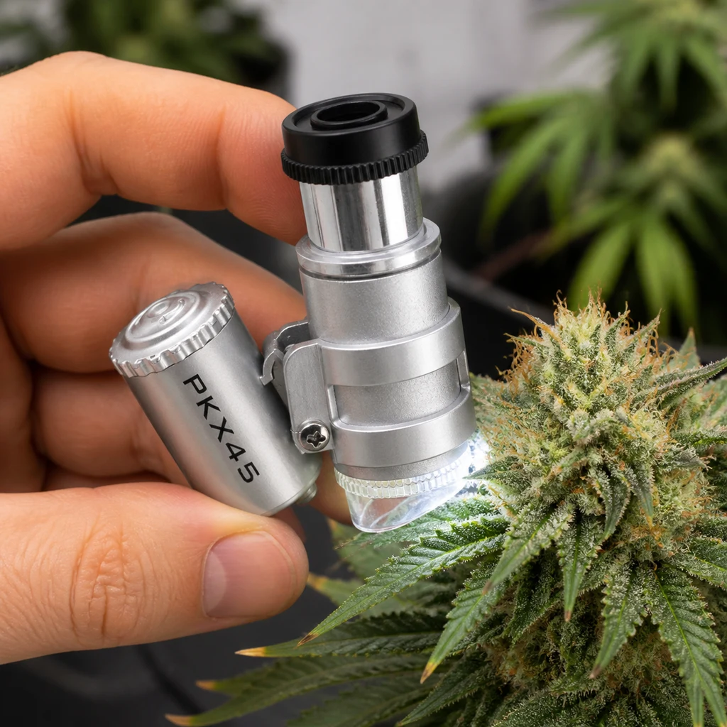 Escena generada de una mano acercando un mini microscopio plateado con luz LED a un cogollo de cannabis. Escena generada de una mano acercando un mini microscopio plateado con luz LED a un cogollo de cannabis.