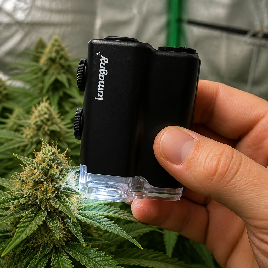 Escena generada de una mano sosteniendo un microscopio Lumagny negro junto a un cogollo de cannabis iluminado.