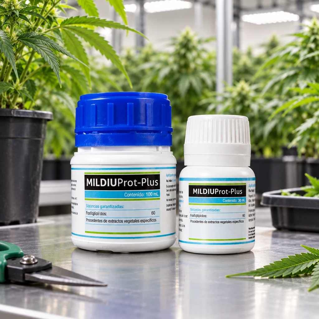 Envases de Mildiuprot Plus de 100 ml y 30 ml, con tapones azul y blanco, sobre una mesa con tijeras y plantas al fondo.