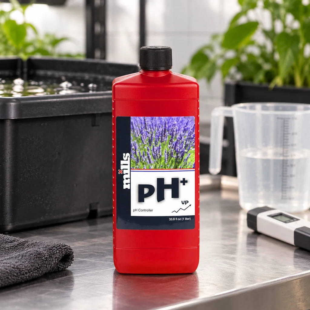 Botella roja de Mills pH+ con tapón negro y etiqueta de 1 litro, sobre una mesa junto a una jarra graduada y un medidor digital. Botella roja de Mills pH+ con tapón negro y etiqueta de 1 litro, sobre una mesa junto a una jarra graduada y un medidor digital.