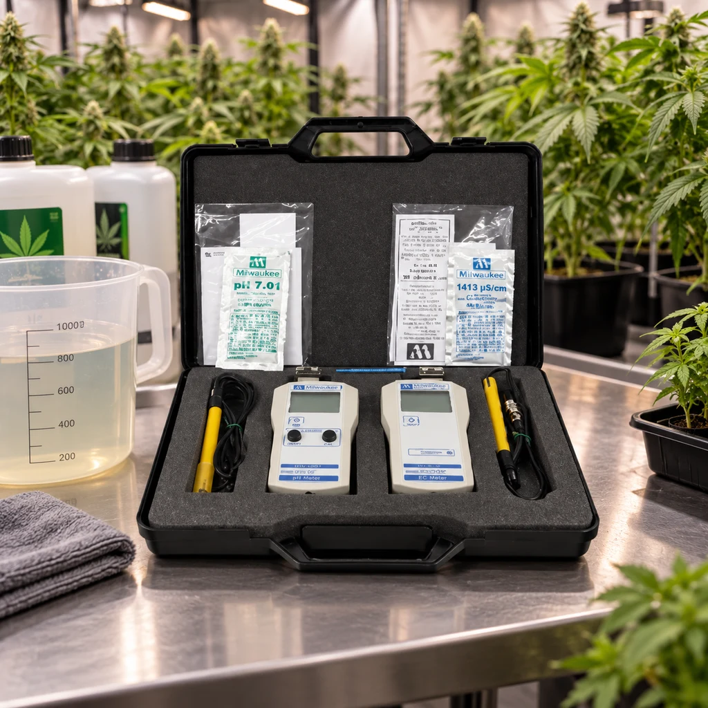 Maletín abierto del kit Milwaukee de pH y CE, con medidores, sondas y sobres de calibración, en una mesa junto a plantas de cannabis.