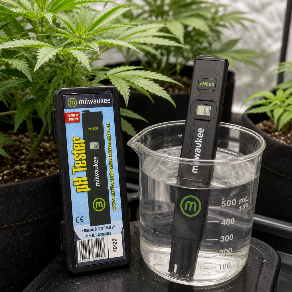 Medidor Milwaukee pH600 sumergido en un vaso con agua, con lectura de 6,3 en pantalla, junto a su estuche y plantas.