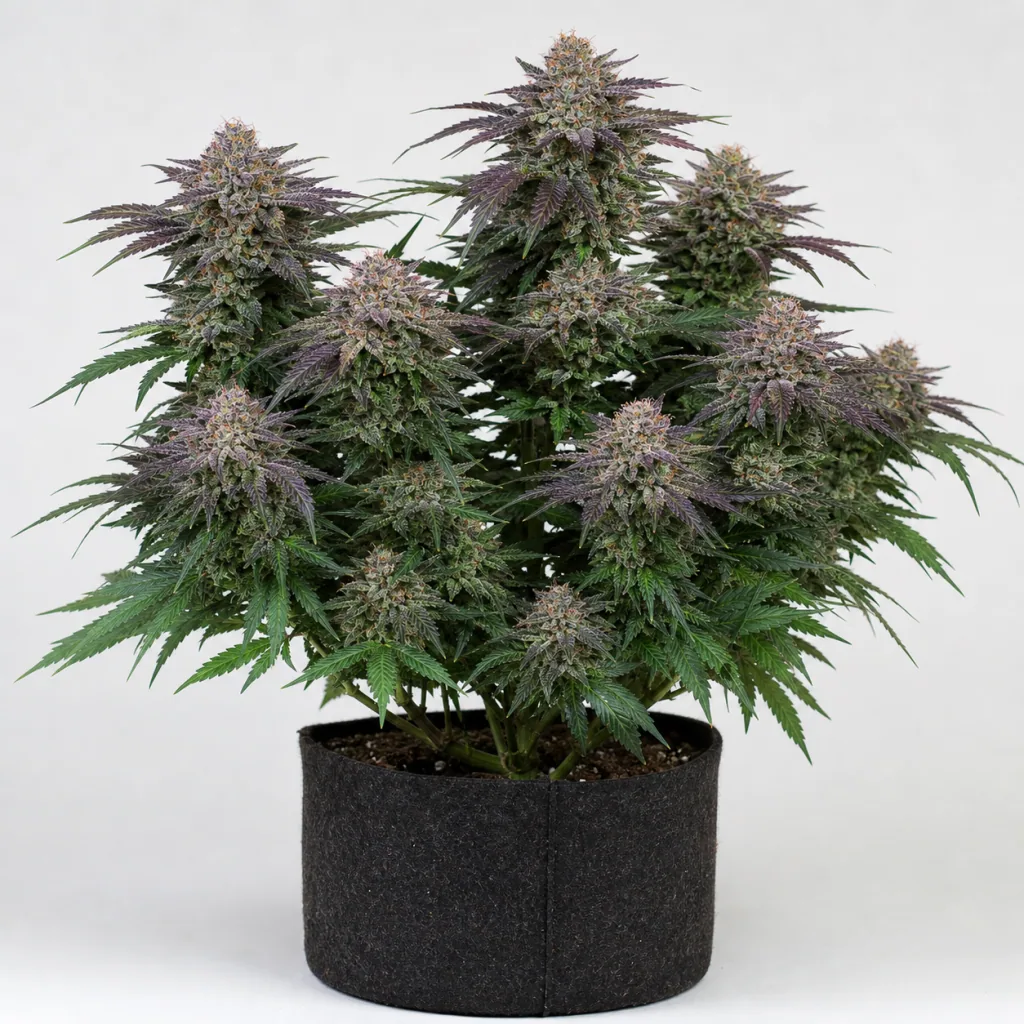 Planta de Mimosa Feminizada en maceta textil negra, con abundantes cogollos y hojas verdes y moradas sobre fondo claro.