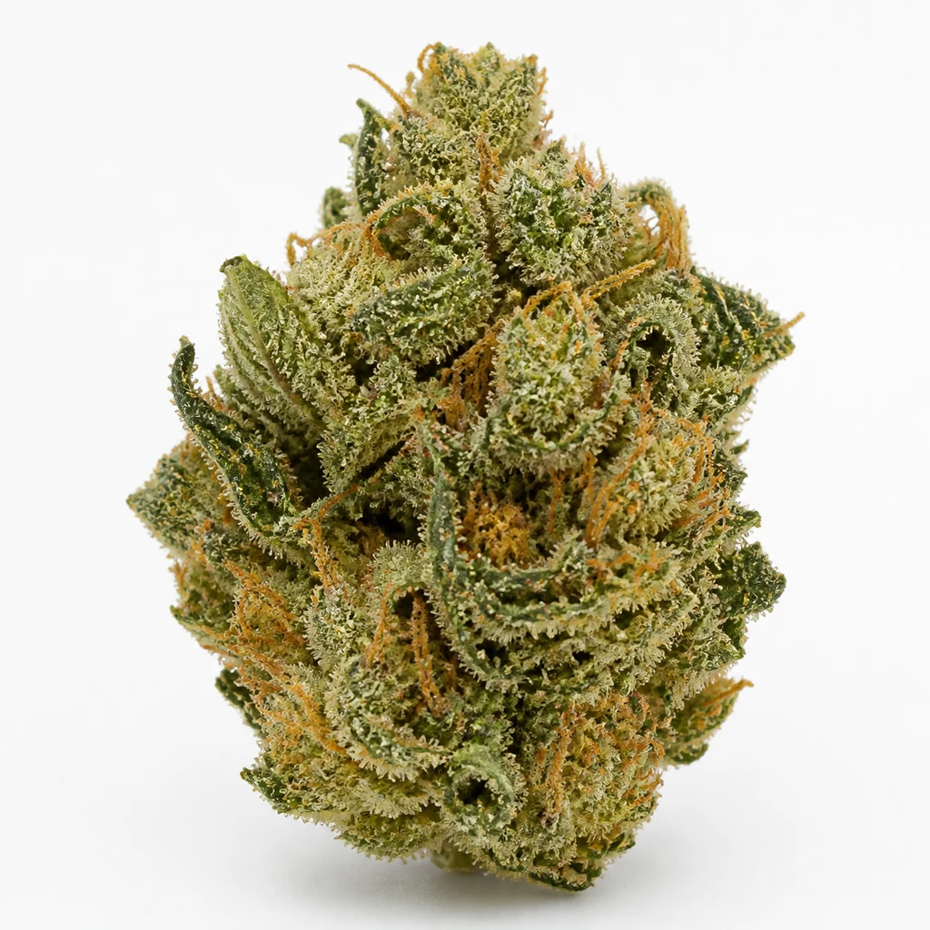 Ilustración de un cogollo verde con hojas curvadas y filamentos anaranjados para la ficha de Mimosa Dream Feminizada de Kannabia Seeds.
