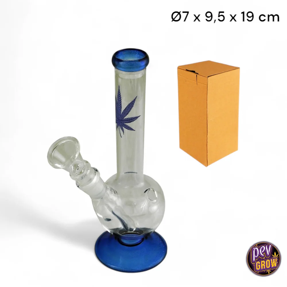 Mini bong de vidrio transparente con base y borde azules, hoja estampada y cazoleta lateral, junto a una caja marrón.