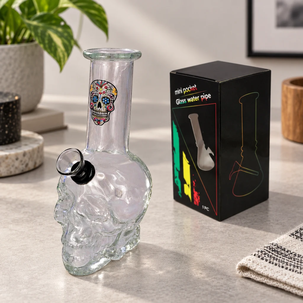 Mini bong de cristal transparente con base en forma de calavera, tubo con calavera multicolor y cazoleta lateral, junto a su caja negra.