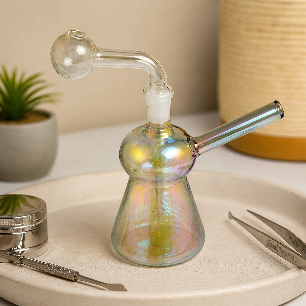 Mini bong iridiscente con base cónica, boquilla lateral y pieza curva superior, sobre una bandeja junto a un grinder y pinzas.