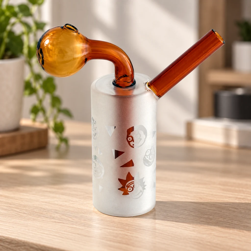 Mini bong Rick Glass con cuerpo cilíndrico blanco decorado con rostros, cazoleta curva y boquilla ámbar sobre una mesa.