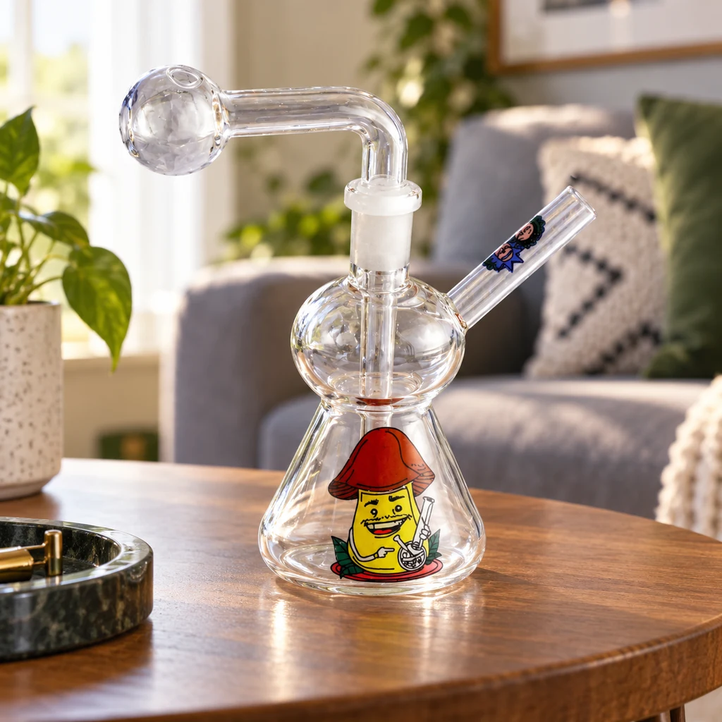 Escena generada de un bong transparente con dibujo de seta, tubo lateral y cazoleta esférica elevada, sobre una mesa de salón.