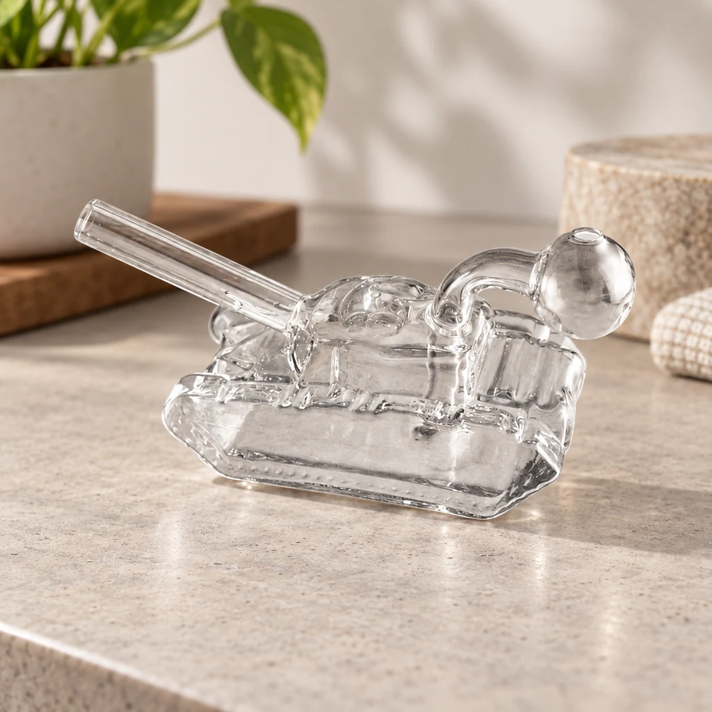 Mini bong transparente con forma de tanque, tubo largo inclinado y cazoleta redondeada, sobre una encimera clara.