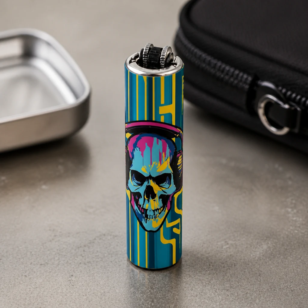 Mini encendedor Clipper Skull Music 1 de pie, decorado con una calavera con auriculares y rayas turquesas y amarillas.